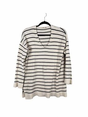 Eileen Fisher Petite Organic Cotton Cream Striped V- Neck Sweater size Medium P